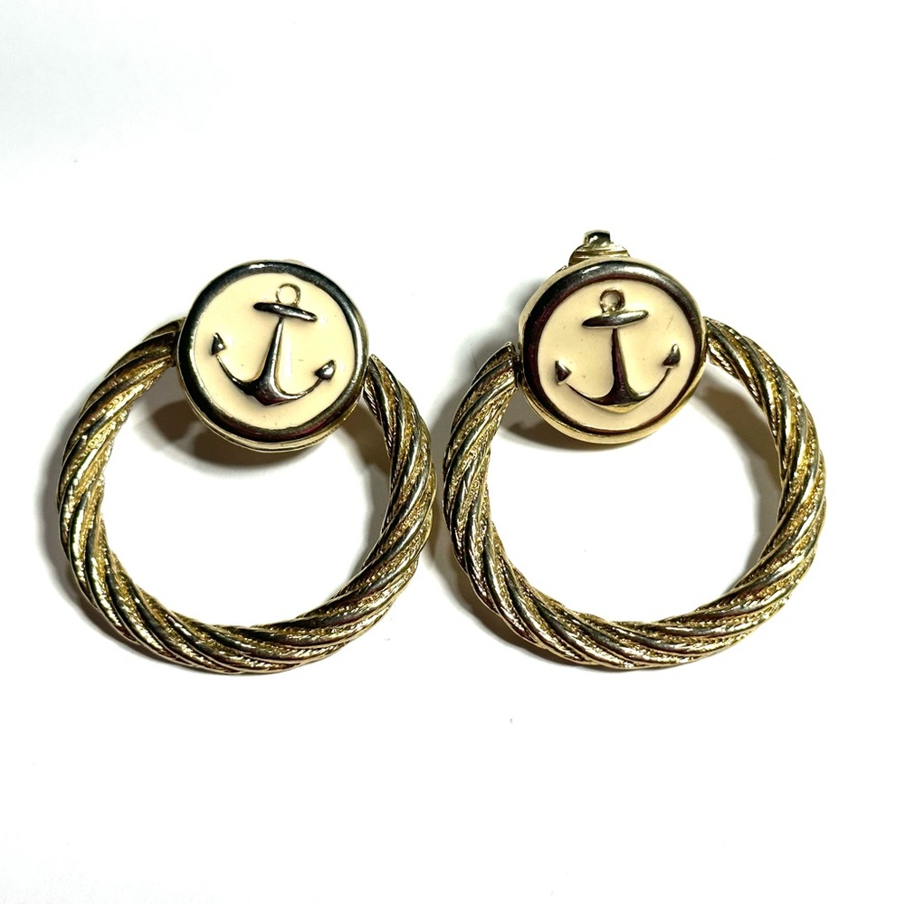 Vintage Clip On Door Knocker Earrings Anchors Gold Tone Twisted Rope Hoops